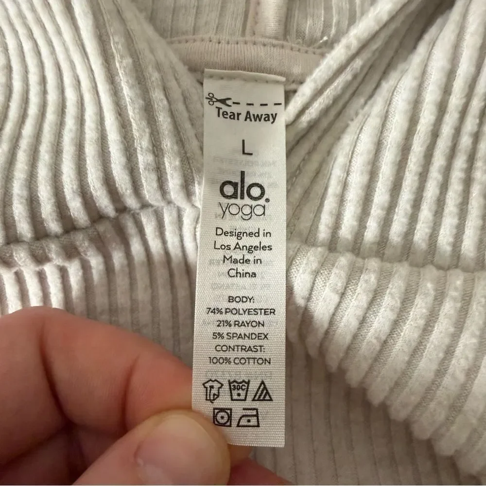ALO Yoga Muse Cropped Hoodie Womens Sz L Gray Ribbed Long Sleeve Athleisure